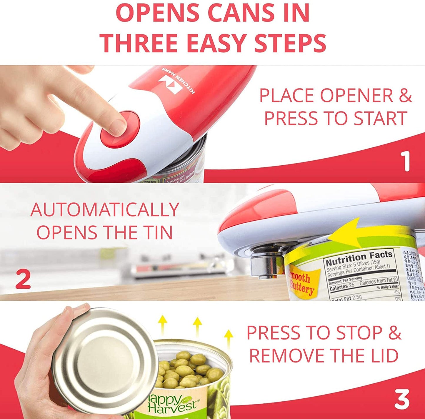 Automatic Electric Can Opener: Hands-Free Operation for Smooth Edges - Red